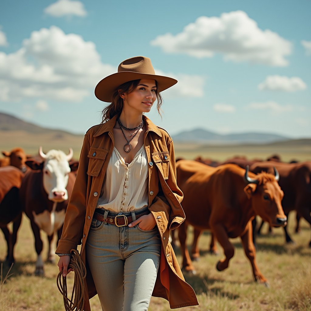 woman in rugged cowboy attire, worn leather duster coat and wide-brimmed hat, holding a lasso, confidently leading a herd of cattle across a vast, sun-scorched ranch landscape, underneath a bright blue sky with fluffy white clouds.