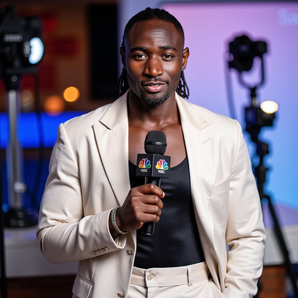 Highly detailed, highly realistic, HDR, 8k red-carpet media personality; camera: 135mm, f/2.8, eye-level, mid-shot; lighting: strobe key with beauty dish + soft kicker from camera left; pose: squared shoulders, one hand holding mic with network flag, other on hip; attire: tailored white satin blazer with peak lapels, black silk camisole, pressed trousers (crease visible), delicate jewelry; hair: sleek low ponytail; facial detail: glossy lip highlight, fine brow hairs; background: blurred step-and-repeat wall, photographers’ flashes bokeh, minimal clutter.