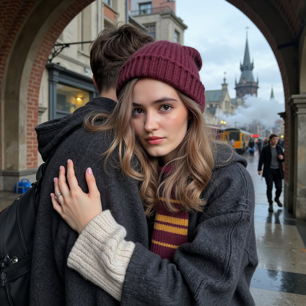 Highly realistic HDR medium shot of a 16-year-old female Hogwarts student with fair skin, rosy cheeks from the cold, and a soft closed-eyed smile as she hugs her parent tightly. Light blonde hair peeks from a maroon rib-knit beanie, edges softly curled and slightly frizzed from steam moisture. Wearing a deep charcoal wool Hogwarts robe over a cream thick-knit wool sweater, maroon-and-gold scarf wrapped snugly. Pose: body angled slightly to left, arms wrapped around parent’s shoulders, head pressed against their coat. Camera: Nikon Z9, 50mm f/1.8 lens, aperture f/1.8, camera at chest height for intimate framing. Lighting: soft diffused daylight (5600K) from overcast sky as main source, steam drifting from nearby train catches light for atmosphere; slight backlight glow creates halo effect on hair. Background: blurred brick archway of Platform 9¾ with faint outlines of steam clouds and muted silhouettes of travelers, minimal clutter.