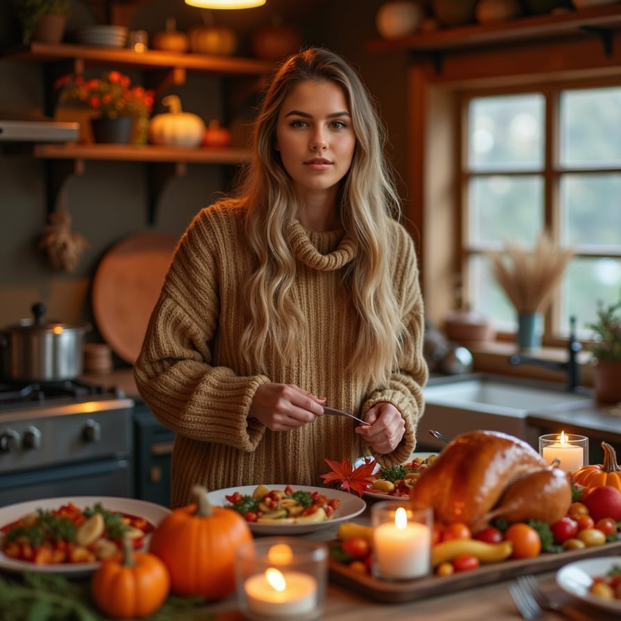 Woman preparing Thanksgiving meal, cozy kitchen, autumn decor.