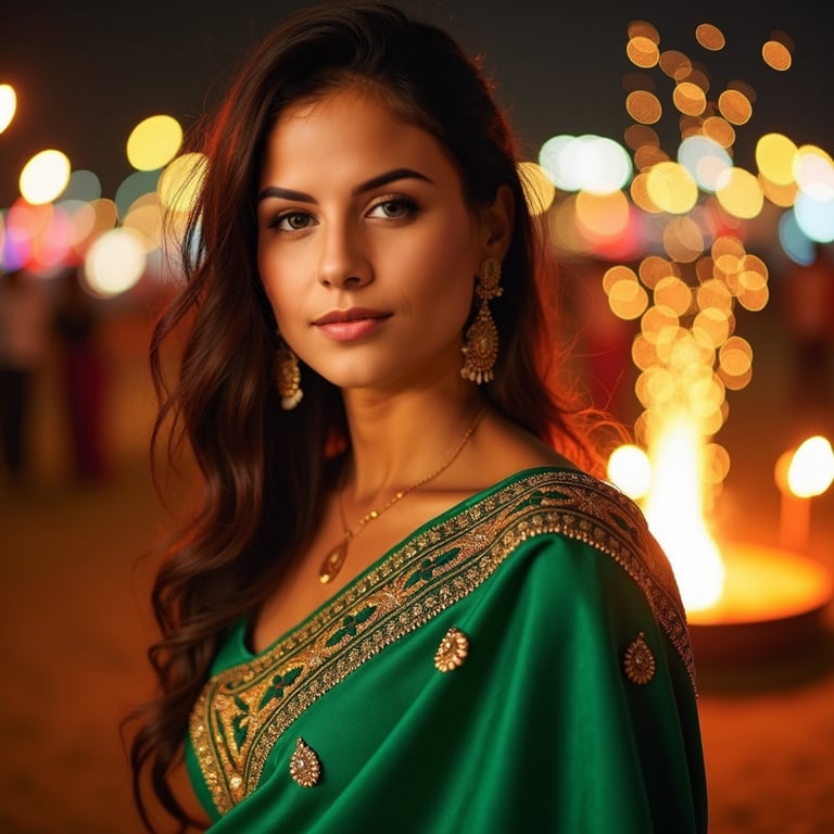 woman in a vibrant green saree, adorned with intricate embroidery and sequins, s