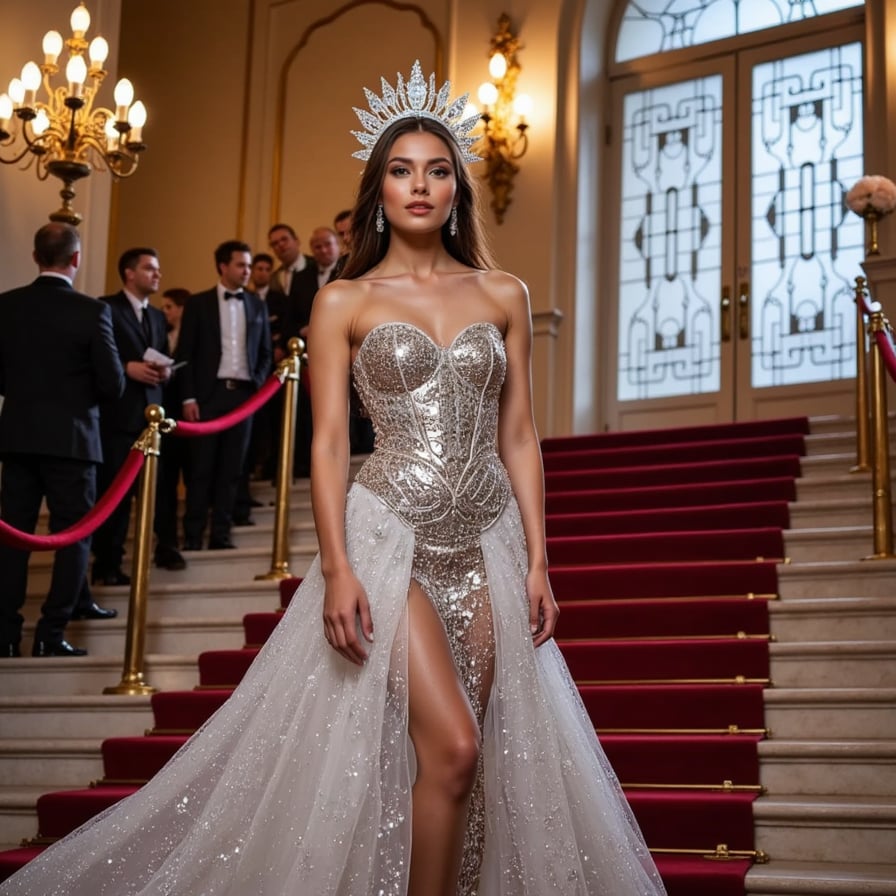 A Met Gala ensemble featuring a glass corset, liquid-metal skirt, and a glowing crystal crown — sci-fi royalty meets haute couture