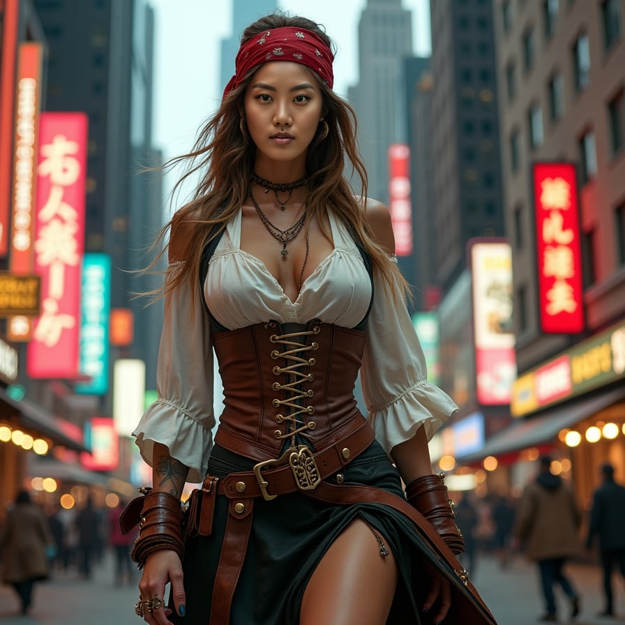 woman dressed in a pirate costume, complete with a white blouse, brown leather corset, and a flowing skirt, walking confidently on a bustling city street, surrounded by tall skyscrapers and neon lights, with a hint of a swashbuckling adventure in the air.
