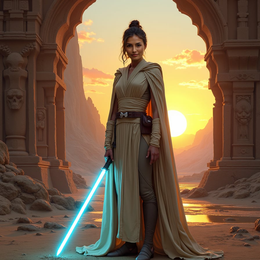 A female Jedi Knight stands at the entrance of an ancient temple, facing the camera with a calm, confident expression. Her lightsaber hangs at her side, and the alien landscape and setting sun create a dramatic background.
