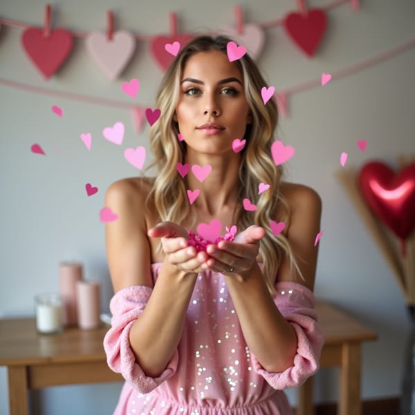 A model blowing heart-shaped confetti into the air, wearing a sparkly pink dress, standing in a room decorated with romantic garlands and candles.