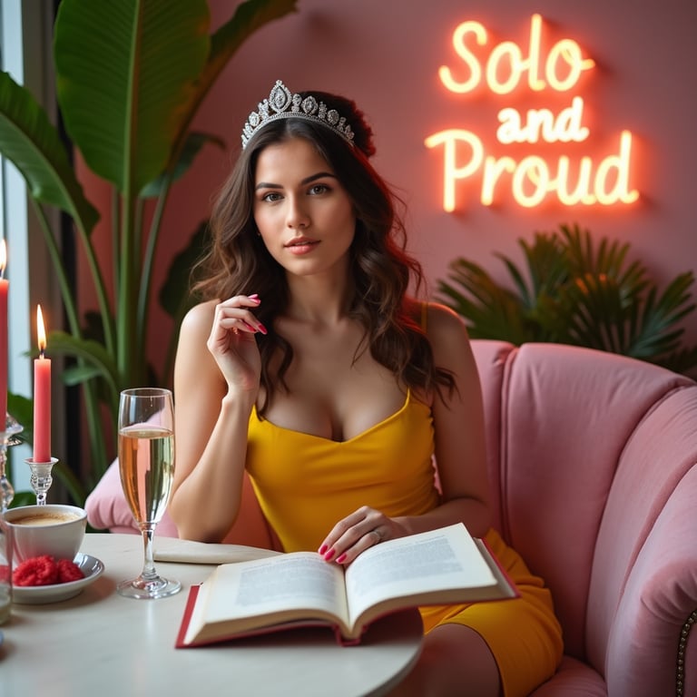 Sit at a cozy café table with a book, a latte, and a slice of cake. Look happy a