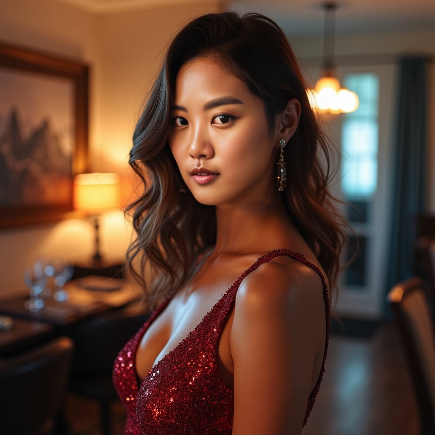 Glamorous Night Out: The model is in an upscale, dimly lit restaurant or nightclub, wearing a dazzling evening dress or a sleek cocktail outfit. The camera captures her as she faces the lens with a radiant smile, reflecting the vibrant energy of a night out.