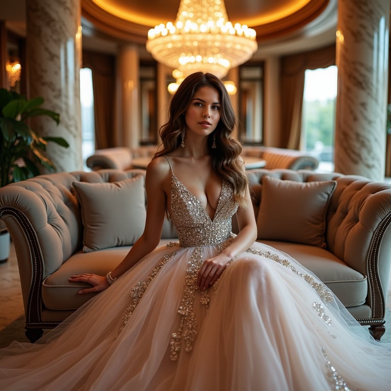 woman in luxurious evening gown, adorned with statement jewelry, radiating glamo