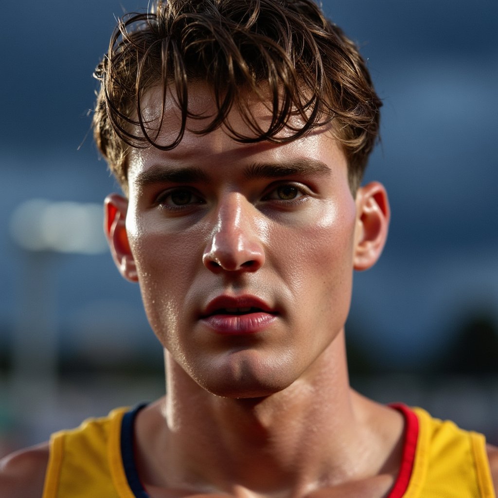 Headshot of a javelin thrower mid-focus before the throw, face calm but intense, sky and stadium in soft blur behind, athlete in national jersey