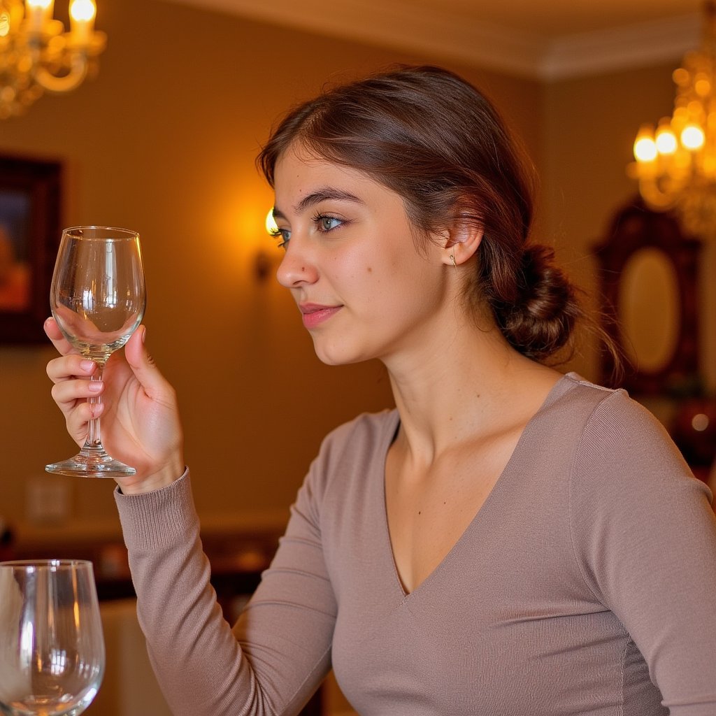 Hyperrealistic, highly detailed HDR waist-up image of a woman (female, ~29 yrs) at a Thanksgiving dinner table, mid-gesture raising a glass slightly. She wears a soft taupe cashmere sweater with subtle ribbing at cuffs. Her hair is tied back in a relaxed bun, with a few loose curls framing her face. Warm golden light from candles and chandeliers wraps softly around her figure. Focus sharp on her hand and face, background blurs into rich tones of amber and brown — glassware bokeh and faint turkey centerpiece visible but not sharp. Natural expression of joy and gratitude. Realistic reflections and fabric texture. HDR, high resolution, high quality, highly detailed, photorealistic.