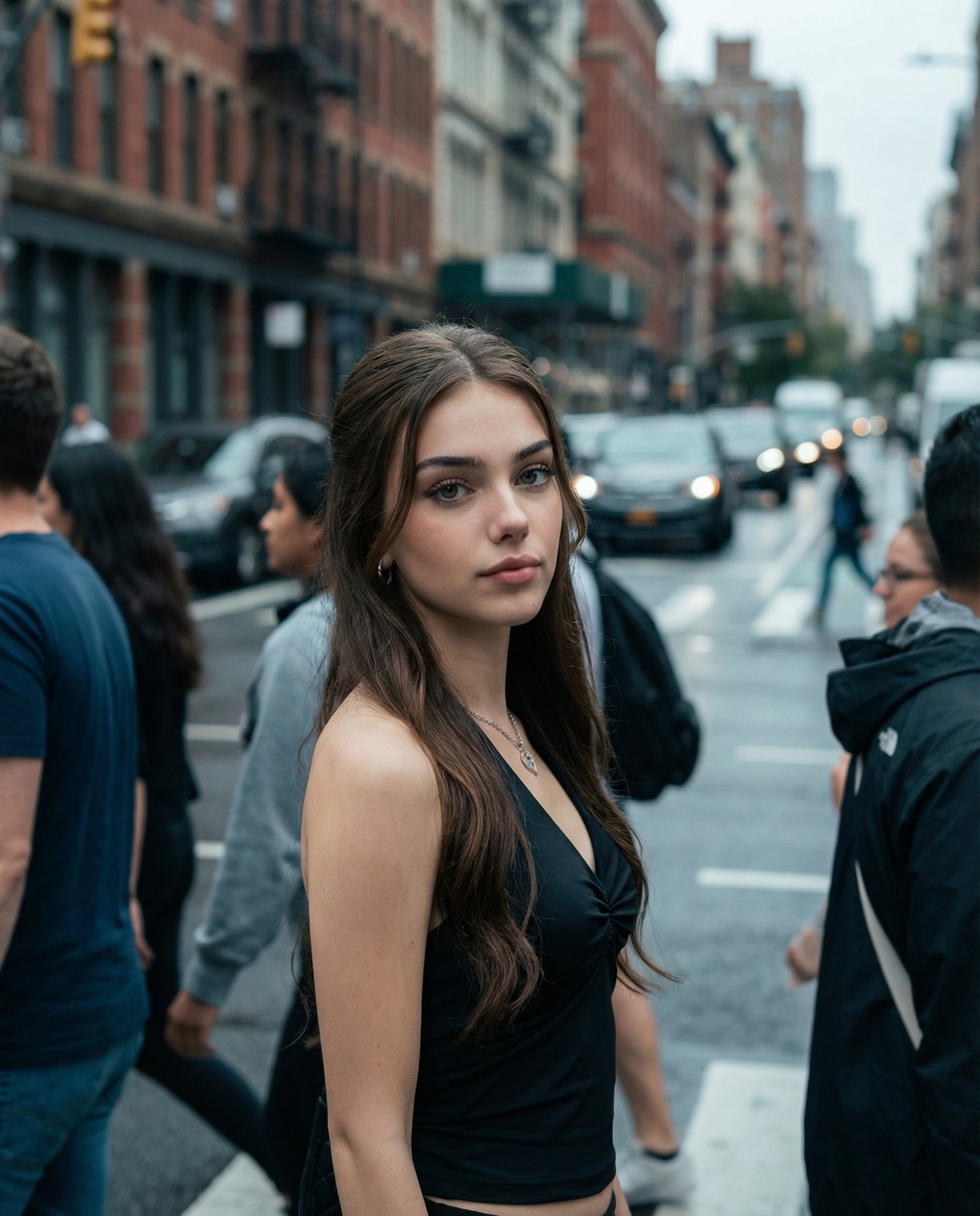 IMPORTANT IDENTITY CONSTRAINT
Use the uploaded photo’s subject exactly as they appear.
Do not alter facial structure, age, ethnicity, gender, hairstyle, or body proportions.
No beautification, no stylization, no identity drift.
Only cinematic lighting, color grading, and environmental context are allowed.

⸻

PROMPT

Transform the provided subject photo into a cinematic urban street portrait captured in a candid, real-world moment.

The subject remains completely identity-locked, with natural skin texture and realistic facial detail, enhanced only by subtle cinematic color grading.

Camera perspective is fixed at eye level, with the subject slightly turned toward the camera, maintaining a quiet, introspective presence within a crowded city scene.

Use a 35mm cinematic lens with shallow depth of field.
The subject is the sharpest point in the frame.
Foreground and background pedestrians are softly blurred, creating natural depth and visual separation without artificial effects.

Environment is a dense urban street resembling a busy city intersection:
– moving crowds
– distant traffic (taxis and cars suggested, not emphasized)
– layered city architecture
– natural street motion frozen in time

Lighting is overcast urban daylight, diffused and soft, with no harsh shadows.
The image should feel grounded in a real moment rather than staged.

Color grading follows a cold cinematic palette:
– muted tones
– subtle teal / steel bias
– restrained contrast
– realistic skin tones preserved
No warm filters, no HDR, no stylized color shifts.

Emotional tone is neutral to subtly tense — introspective, observant, present.
No smiles, no exaggerated expressions, no dramatic posing.

The overall feeling should be:
cinematic, documentary, human, and timeless within a modern city context.

Ultra-realistic photography quality.
Natural motion blur only where optically appropriate.
No text, no graphic elements, no artificial lighting effects.

⸻

What this prompt guarantees
	•	Works with any portrait photo
	•	Preserves identity safely
	•	Produces consistent cinematic results
	•	Scales for demos, marketing, and feed systems
	•	Matches the visual language of your examples without overfitting