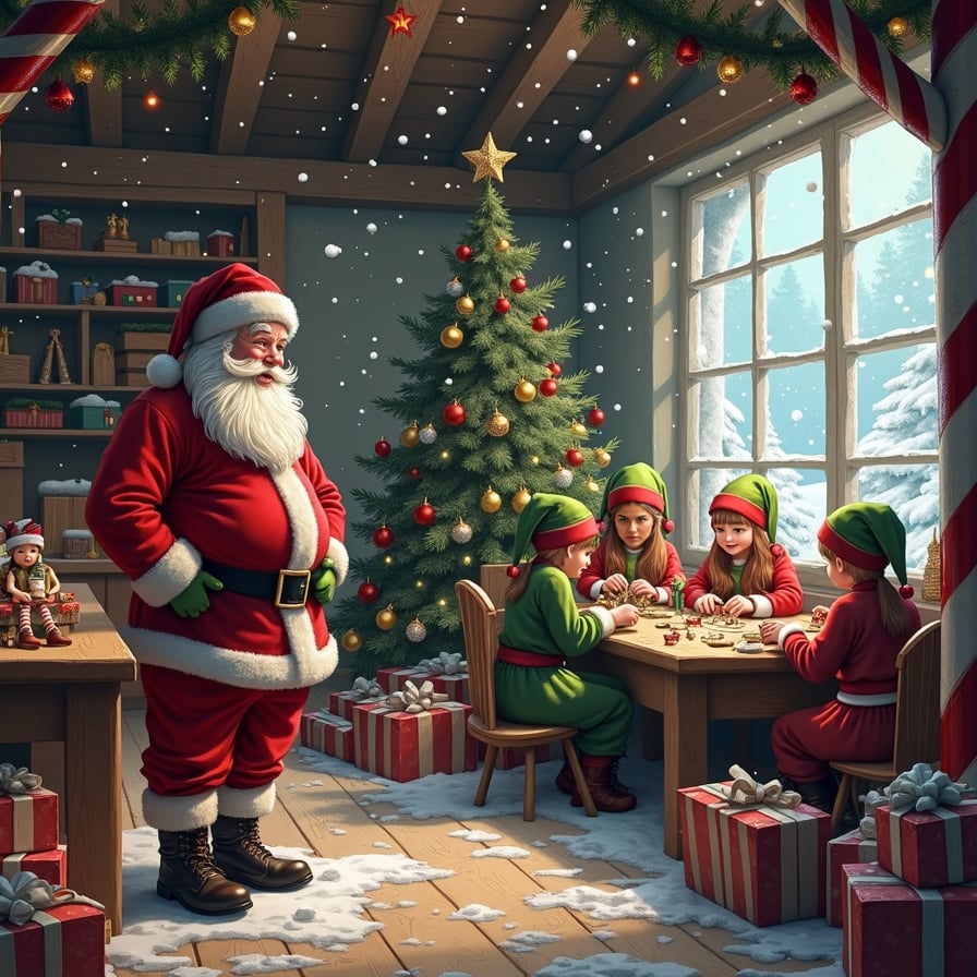 jolly Santa Claus in a warm, red suit, surrounded by busy elves in green and red attire, assembled around wooden workbenches, building wooden toys and dolls, amidst piles of gifts wrapped in colorful paper and bows, beneath candy cane-striped beams, under a glittering ceiling of holiday lights, with a majestic, decorated Christmas tree towering in the corner, and a snowy winter wonderland visible through a large, frosty window.