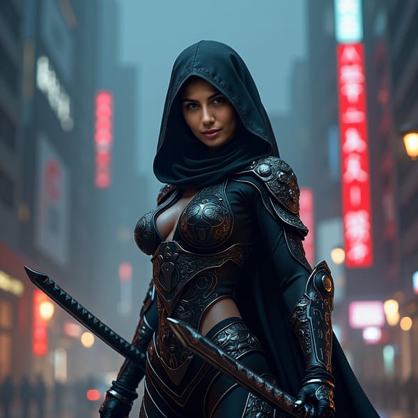 woman in unique ninja style, wearing a futuristic black and silver armor, adorned with intricate, Japanese-inspired designs, holding a pair of razor-sharp katanas, standing in a misty, neon-lit cityscape at night
