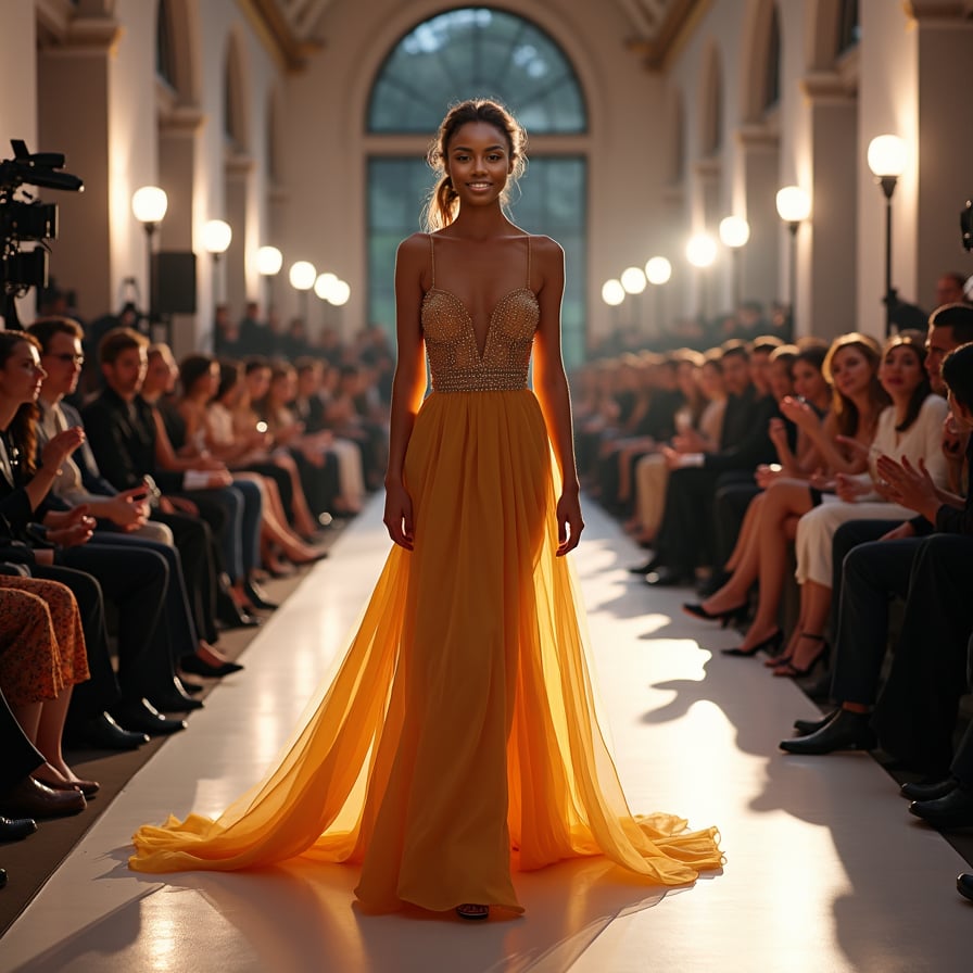 woman in a stunning, floor-sweeping evening gown, confidently strutting down a glamorous catwalk, surrounded by flashing cameras and a crowded audience, under the bright lights of a high-end fashion event.