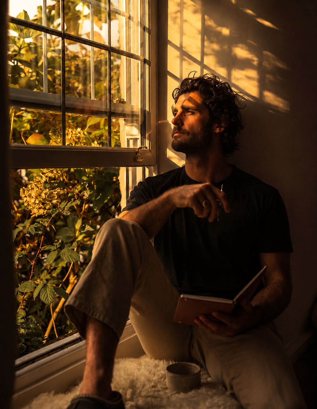 Man sitting at window sill during golden hour, warm amber light streaming through, notebook in hand, plants outside
