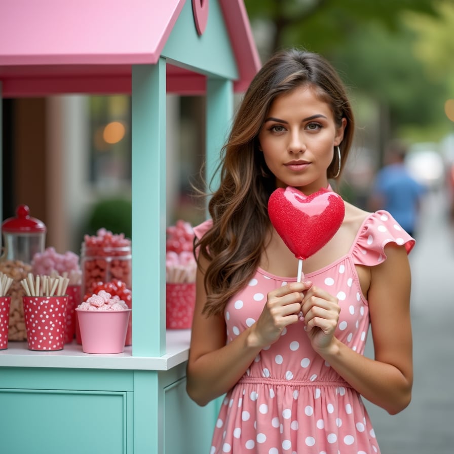 A model wearing a cute polka-dot dress, holding a large, heart-shaped lollipop, standing next to a pastel-colored candy cart with Valentine's treats.