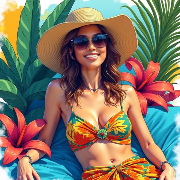 A fully coloured vibrant sketch of a woman lounging in a tropical paradise, surrounded by large, brightly colored palm leaves and exotic flowers. She wears a flowing, tropical-patterned sarong, her sun hat casting a soft shadow over her relaxed face. The sketch features vivid blues, greens, and yellows, with the bright sunlight creating high-contrast shading. The sketch style is loose and playful, with thick outlines and splashes of watercolor-like color filling the scene. 