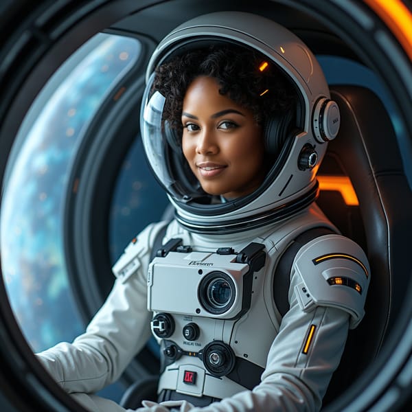 A striking image of a woman standing confidently, facing the camera with a cosmic scene behind her. She’s dressed in a futuristic, high-tech uniform with glowing accents. Her gaze is intense and determined, with stars, nebulae, and swirling galaxies filling the background, giving her an ethereal aura
