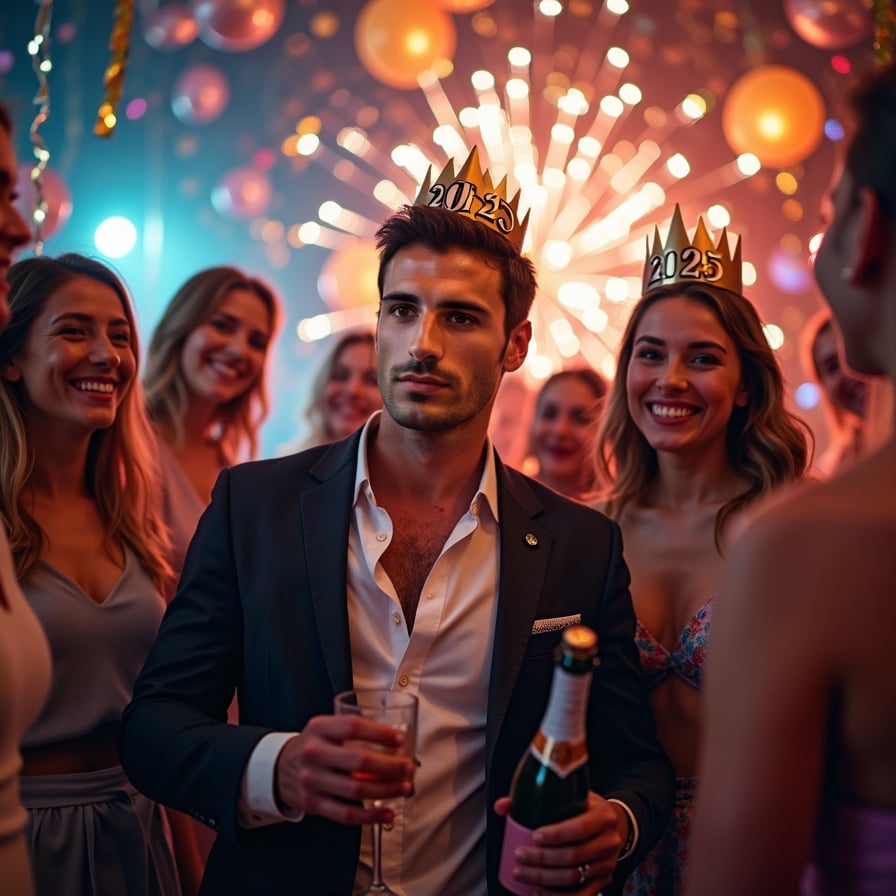 A man surrounded by friends, wearing a paper crown and laughing, holding a drink and looking directly into the camera amidst a lively house party decorated with streamers and balloons reading “2025.