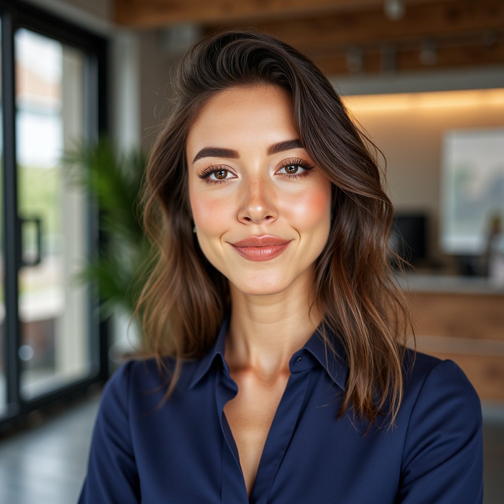 Realistic close-up headshot of a woman in her late 20s, loose shoulder-length hair, natural foundation and light eyeliner. Wearing a fitted navy blouse. Background: softly blurred modern office environment. Warm daylight enhances skin tone, eyes bright and sharp.
