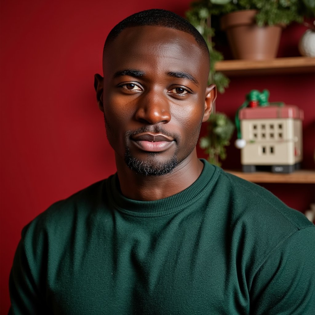 Headshot of a man in a modern photo studio with a matte red backdrop providing a bold Christmas theme. He faces the camera straight-on, expression confident but soft. He wears a dark forest-green cashmere crewneck, ribbed collar visible in detail.
Hair: short fade with neatly styled top; light stubble.
Lighting: classic studio beauty lighting — large softbox frontal key plus gentle kicker from camera-left; even skin illumination, soft shadows.
Background: smooth seamless red, no clutter; subtle gradient from light falloff.
Camera: 85mm f/2.2; highly detailed, highly realistic, HDR, showing crisp knit detail and natural skin texture.