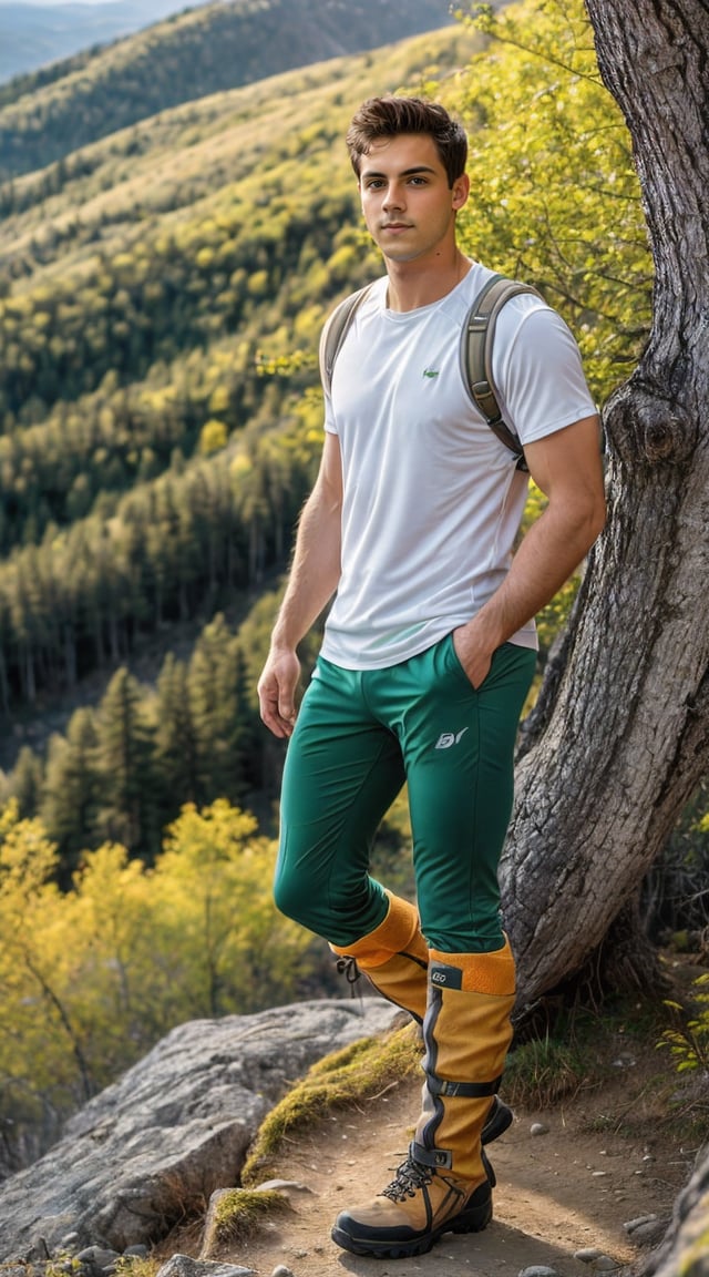 Adventurous man on mountain peak, breathtaking scenery, exploration spirit.