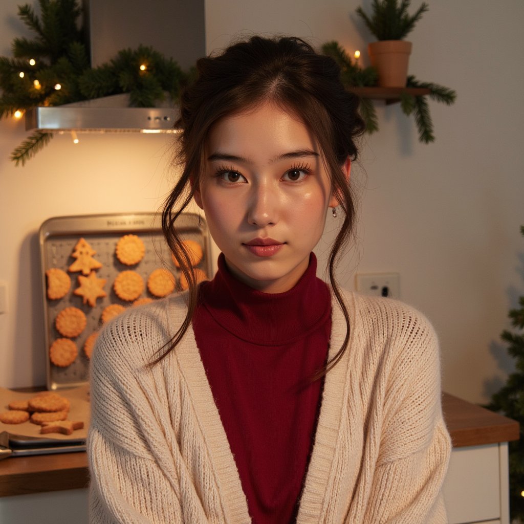 Head-and-shoulders portrait of a woman in a softly lit kitchen while Christmas cookies bake in the blurry background (no motion). She wears a cream knit cardigan over a red thermal top, cardigan showing soft wool fuzz and delicate ribbing.
Hair: half-up style with loose curls cascading down.
Makeup: soft golden shimmer on eyelids, warm blush, glossy nude lips.
Lighting: warm oven-light glow from behind adds a subtle halo while a soft diffused key from camera-left lights her face.
Background: blurred gingerbread cooling tray, pine sprigs, subtle fairy lights — minimal clutter, organized composition.
Camera: 50mm f/1.8; highly realistic, highly detailed, HDR, highlighting cardigan texture, hair shine, and warm kitchen tones.