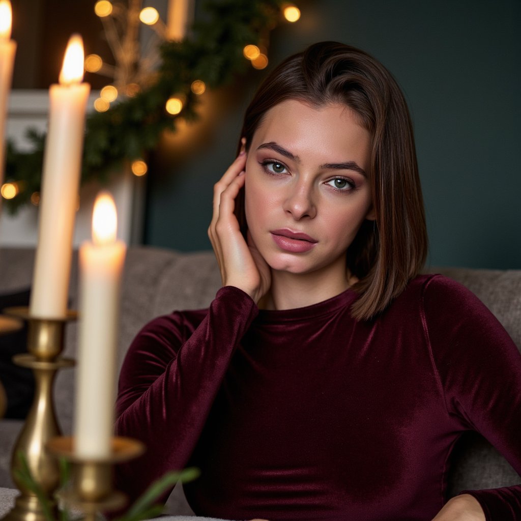 Headshot of a woman seated beside several blurred candles, positioned on the left side of the frame (rule of thirds). She wears a burgundy velvet mock-neck top with visible velvet grain.
Hair: sleek straight hair with a middle part, tucked behind both ears.
Makeup: warm bronze eyeshadow, soft wing, glossy berry lips, subtle candlelit highlight on cheekbones.
Lighting: warm candlelight key with gentle flickering reflections; soft diffused fill from camera-right to balance shadows.
Background: matte dark green wall with minimal décor—just a blurred evergreen garland; minimal clutter.
Camera: 100mm macro portrait, f/2.8; highly realistic, highly detailed, HDR, revealing velvet fibers, natural skin texture, and candle reflections.