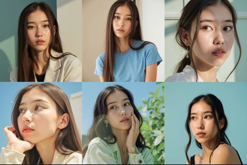 Six close-up portraits of a person, each sharp, well-lit, and framed from shoulders up