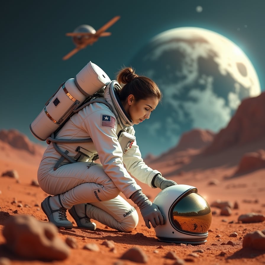 woman in white astronaut suit with utility pockets and metallic accents, no helmet, bending over to tinker with spaceship, surrounded by Martian terrain with craters, rocks, distant parked spaceship, under starry night sky with Mars, Jupiter visible, soft moonlight glow, subtle shadows on suit's textured fabric, intense focus on determined face, against warm rust-red Martian landscape.