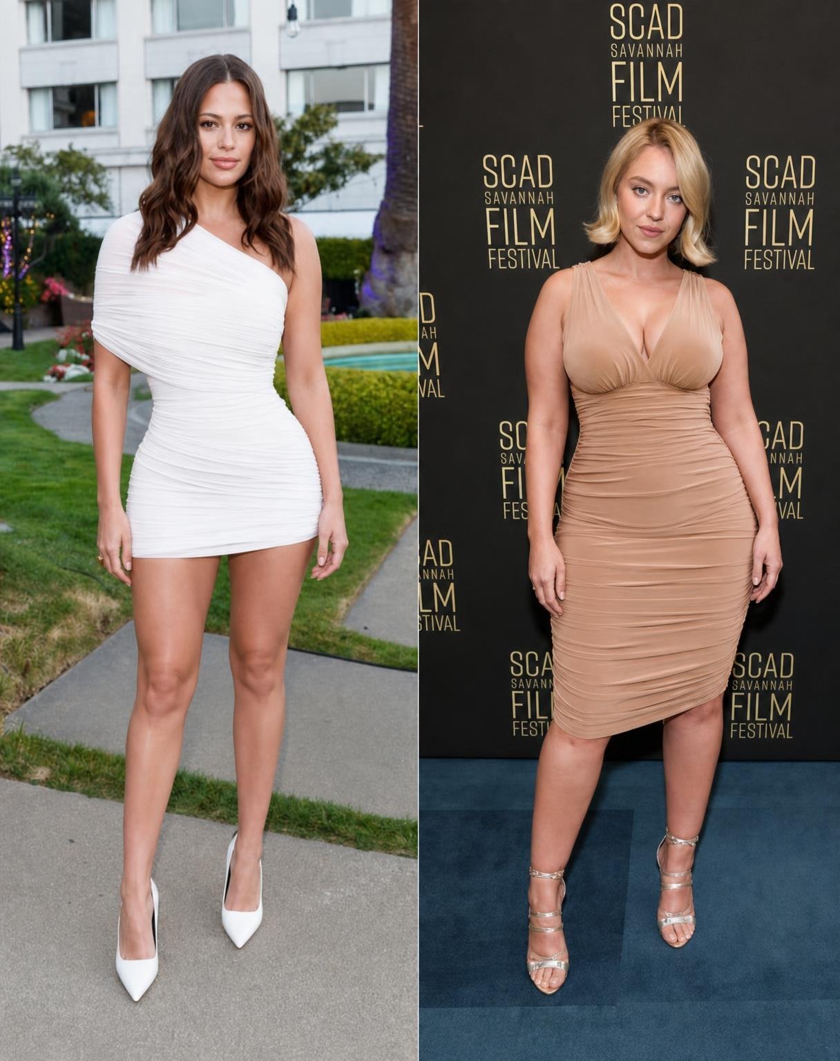 Using Image 1 and Image 2 as references, swap only their body-fat/body-build proportions and complete outfits including shoes. Each woman must remain in her own original photograph.
Image 1: Preserve the woman’s exact original face, identity, skin tone, expression, pose, background, and exact original hairstyle — same brown hair color, length, center part, waves, volume, hairline and placement. Give her the slimmer body proportions from Image 2 and the complete white one-shoulder mini dress with white pointed heels from Image 2.
Image 2: Preserve the woman’s exact original face, identity, skin tone, expression, pose, background, and especially her exact original blonde hairstyle from Image 2. Keep the same short blonde bob/lob, exact length, blonde shade, side part, volume, shape, outward-curved ends and original hair placement. Do not lengthen, darken, restyle or move her hair onto her chest, and do not transfer any hair characteristics from Image 1. Give her the fuller/curvier body-fat proportions from Image 1 and the complete beige/tan ruched midi dress with silver strappy heels from Image 1.
Only two attributes are exchanged: BODY BUILD/BODY FAT + OUTFIT/SHOES. Nothing else. Do not swap or alter faces, heads, hairstyles, hair colors, skin tones, poses, backgrounds or locations.
Transfer the body proportions consistently across the bust, torso, waist, hips, arms, thighs, calves and legs rather than simply widening or narrowing the waist. Keep realistic anatomy and make each transferred outfit fit naturally around the new proportions with realistic fabric folds and tension.
Highest priority: exact face AND hair preservation from each respective reference image. Do not regenerate, beautify or reinterpret either person’s face or hair. Photorealistic, natural anatomy, original lighting and camera perspective, no identity blending, no face swap, no hair swap, no background changes, no collage.