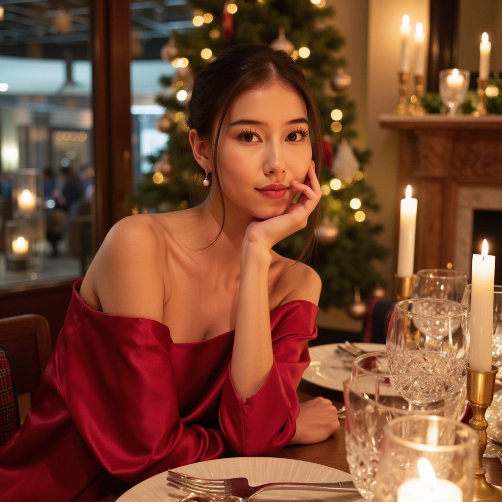 A close-up portrait of a woman seated at an elegantly set Christmas dinner table, chin resting lightly on her hand, eyes toward camera, half-smile. Hairstyle: neat bun with a few tendrils, small diamond stud earrings. Attire: crimson satin dress with off-shoulder neckline, subtle shimmer. Fabric details: satin reflection, delicate stitch definition, gleam from candlelight. Camera: close 85mm portrait, f/1.4 for dreamy shallow DOF. Lighting: candlelight key + dim ambient fill; warm and moody. Background: blurred crystal glassware, soft golden bokeh from tree lights; no visible clutter. Render: highly detailed, highly realistic, HDR; lifelike skin sheen from candle reflection, crisp catchlights.