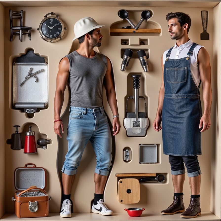 In a dad hat and apron, this figure stands near a miniature grill, tongs in hand. Accessories include: burgers, BBQ sauce bottle, cooler, and picnic table.