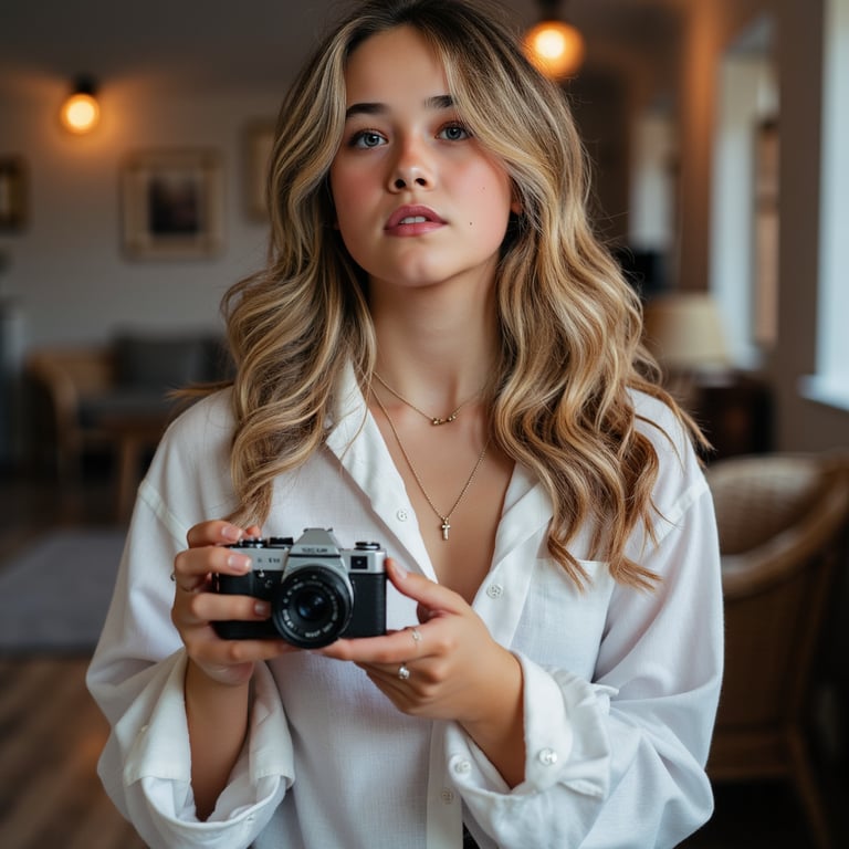 Portrait of a documentary-style photographer holding a camera with both hands, w