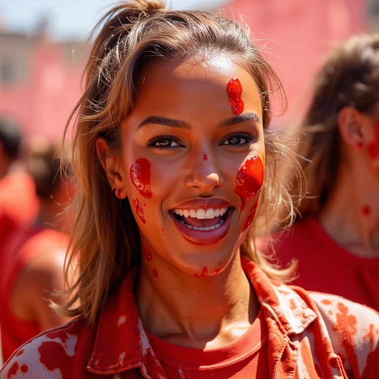 Headshot of a playful woman winking with tomato sauce smeared across one cheek, 