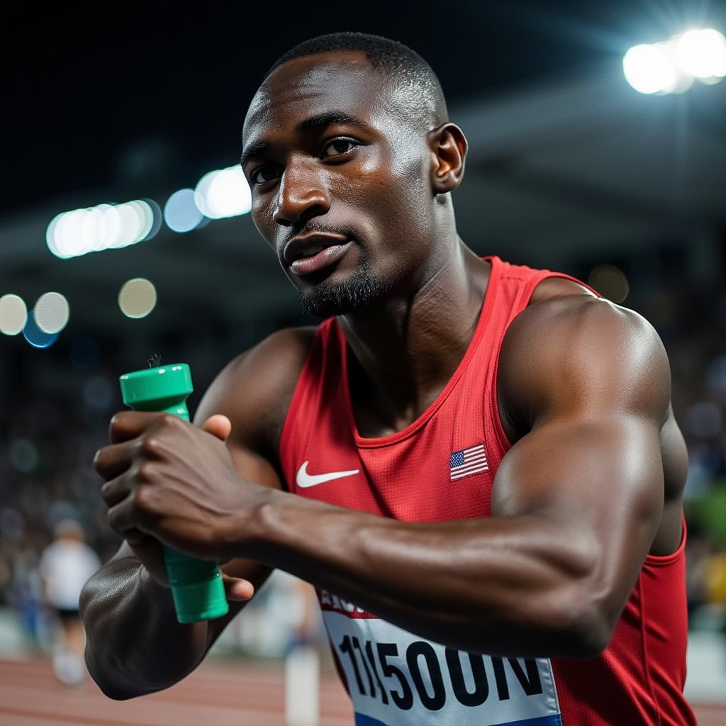 Headshot of a relay runner gripping a baton mid-hand-off, intense focus, motion blur behind, sharp side lighting — energy of World Athletics Championship captured