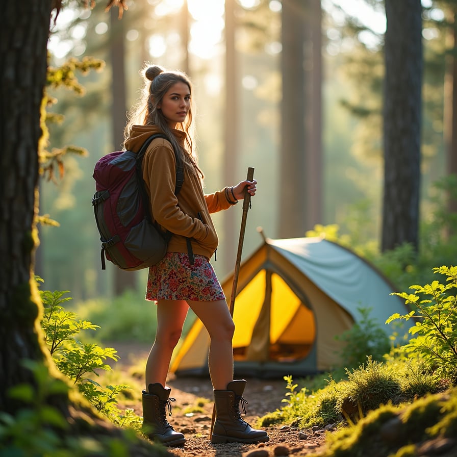 woman wearing outdoor gear, including a fleece jacket and hiking boots, standing amidst a serene forest landscape, surrounded by tall trees and lush greenery, with a camping tent and backpack nearby, posing with a walking stick and a sense of adventure.