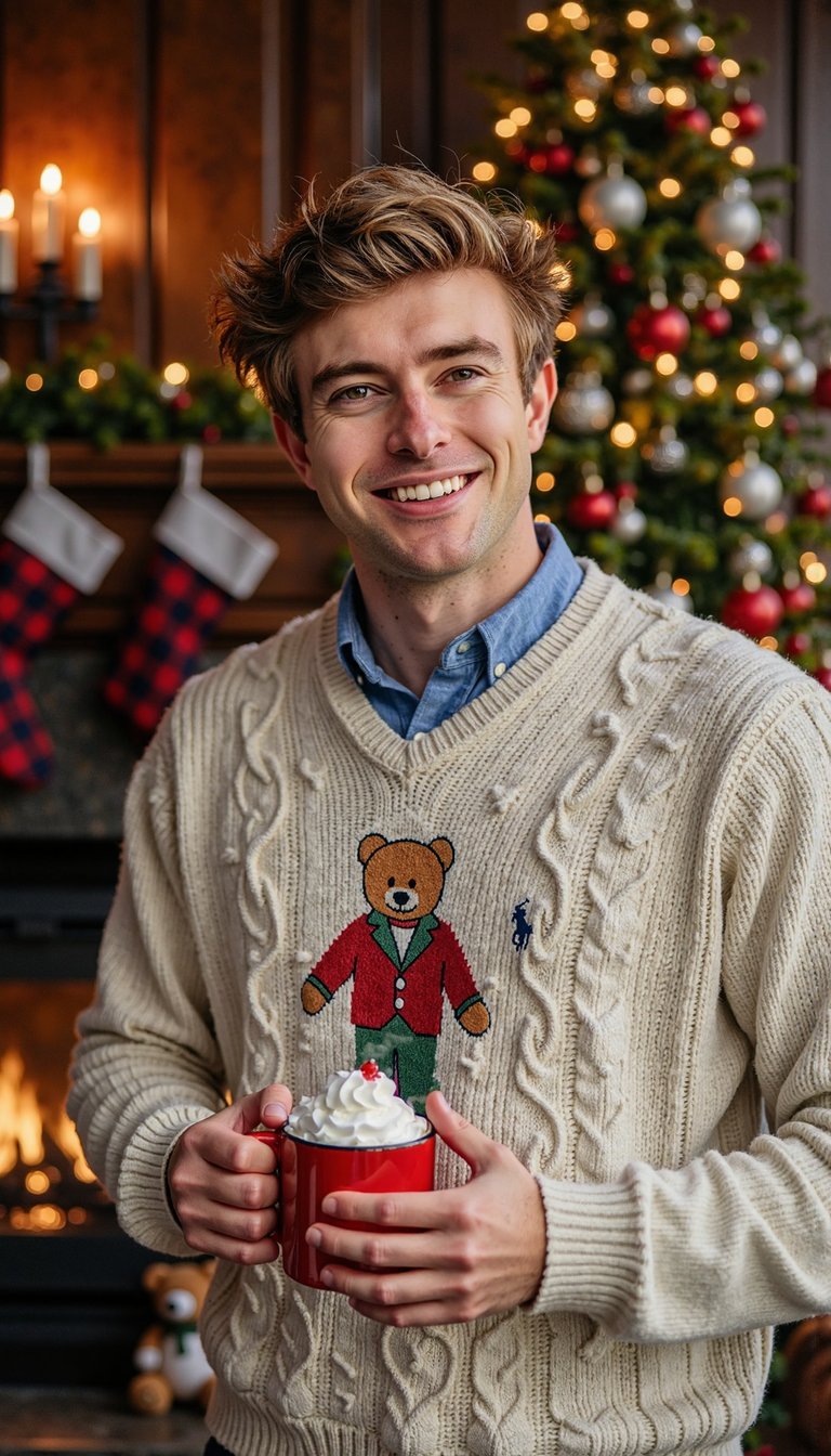 cozy close-up portrait of a cheerful man in a playful ralph lauren christmas setting. he wears a cream knit sweater featuring a classic polo bear in a festive outfit, layered over a blue oxford shirt with the collar peeking out. his hair is casually styled, light stubble giving a relaxed holiday look, and his smile is warm and approachable. he holds a red mug of hot chocolate with whipped cream near his chest, steam rising gently. behind him, a softly blurred christmas tree with twinkling lights, plaid stockings, and a hint of a toy bear on a side table create a fun, family-friendly backdrop. soft warm lighting, shallow depth of field, high resolution, hdr, highly detailed, photorealistic.