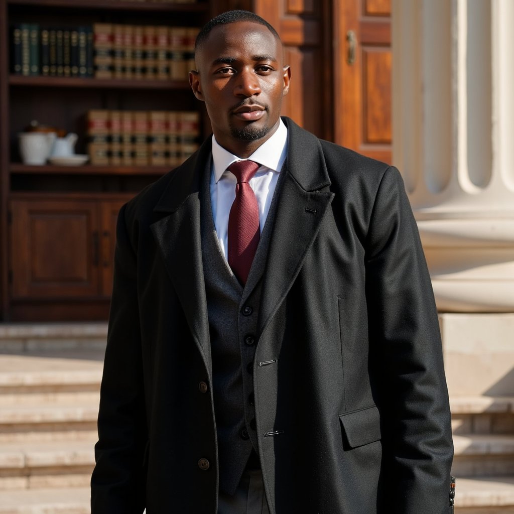 Full-body, 35 mm f/3.2, outdoors. Man in late 30s, medium skin, short buzz cut. Black trench coat over dark grey tailored suit, slim black tie. Walking down courthouse steps, leather briefcase in right hand. Lighting: golden hour sunlight catching edges of coat. Background: blurred courthouse columns.