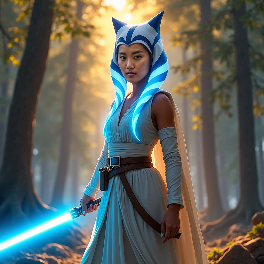 The glowing, ethereal forms of iconic female Jedi like Ahsoka Tano, Rey, and Leia as a Jedi face the camera, their expressions serene and wise. Their blue glow stands out against a peaceful forest or temple setting, symbolizing the enduring spirit of the Force.