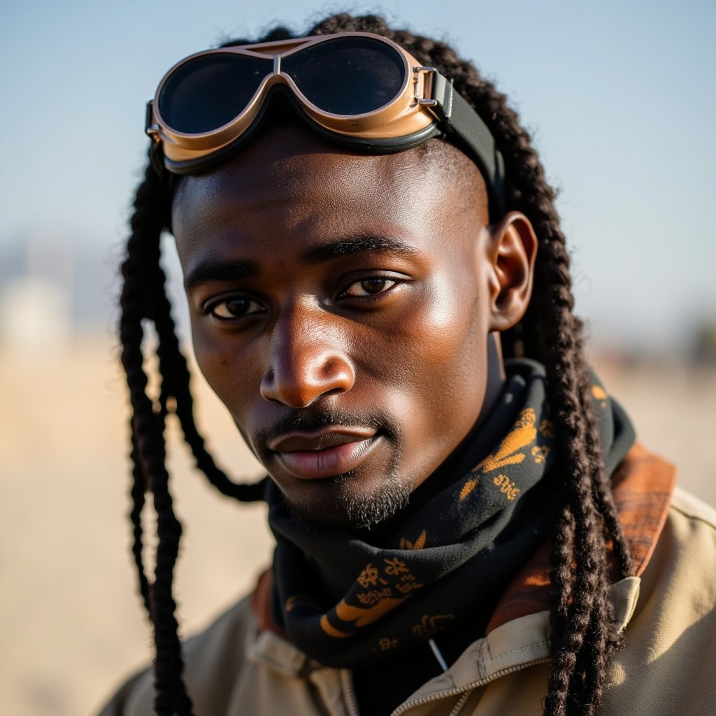 Stylized headshot of a free-spirited man with braided hair and body paint, minimalist goggles resting on forehead, soft desert tones, Burning Man 2025 energy