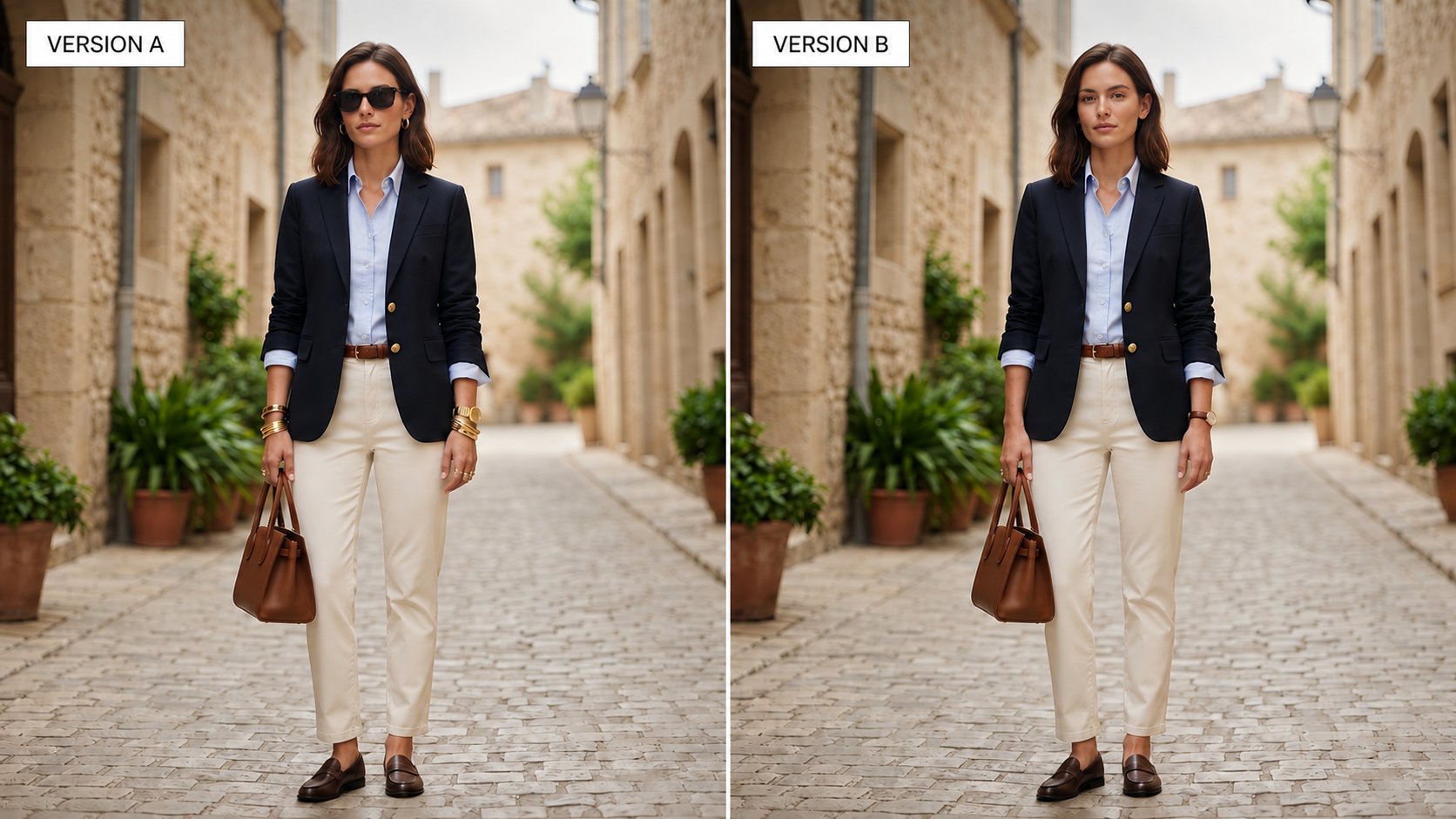 Same navy outfit with too many accessories compared with a more restrained set