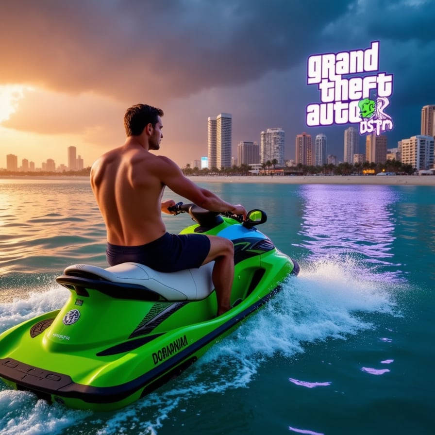 Nighttime GTA 6-style storm chase through a neon marina, reflections in puddles, lightning flashes illuminating fleeing character