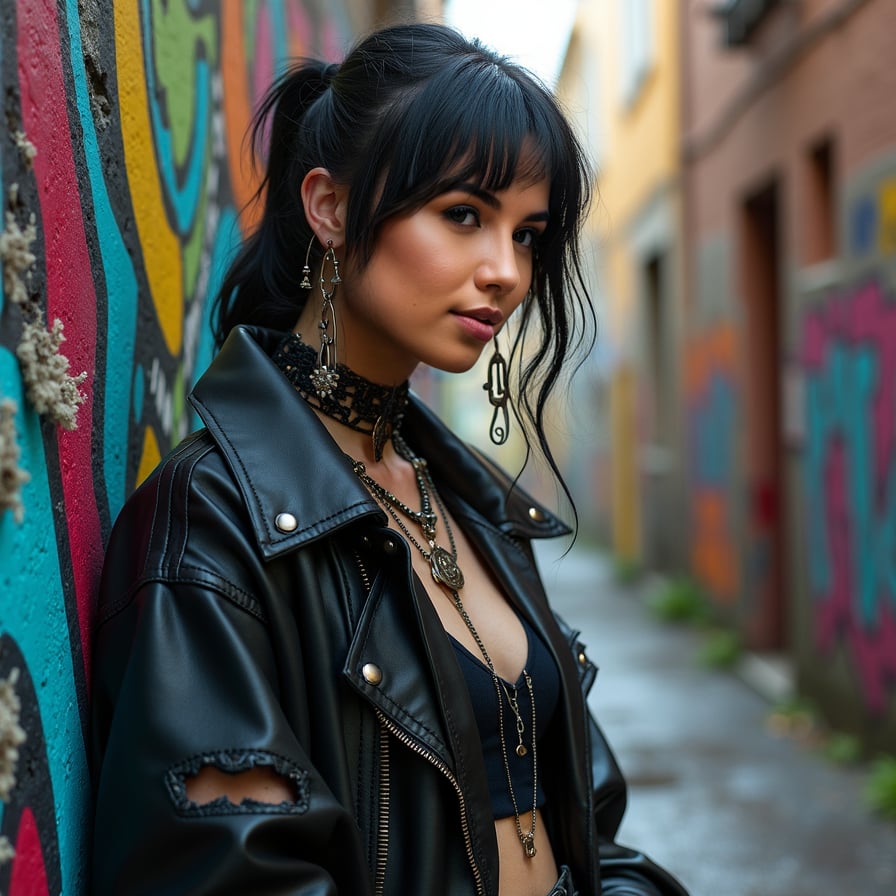 Punk style woman, graffiti alley, intricate details, noir vibe.