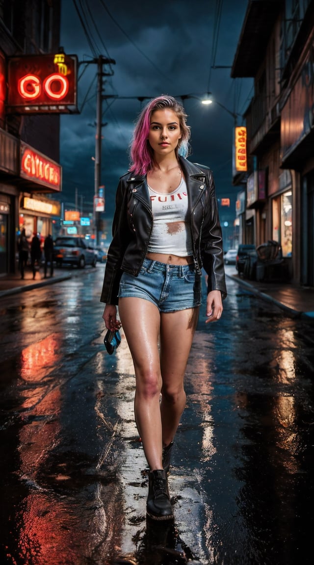 Cyber-enhanced woman, cyberpunk cityscape, neon lights, intense, cinematic.