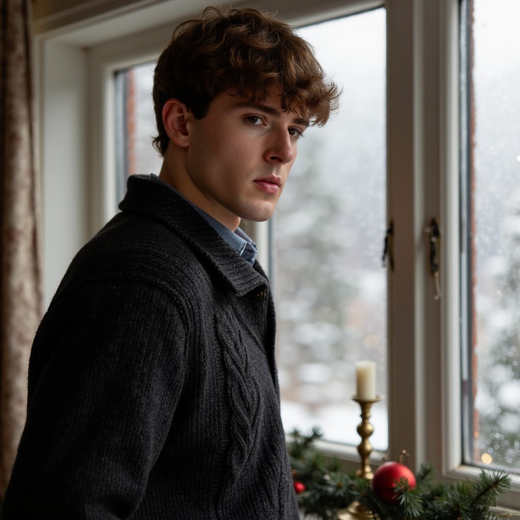 Waist-up portrait of a man standing at a frost-kissed bay window, turned 30° away from camera and gazing past the lens, off-center framing. He wears a charcoal wool cable-knit sweater layered over an oxford shirt with a slightly rumpled collar; fine wool fiber texture visible. Hair: short, side-part, lightly tousled; subtle weekend stubble. Lighting: cool north-light window key with a gold bounce fill from the right to add Christmas warmth; faint practical bokeh of a small tree in the background. Background: frosted glass with delicate condensation trails; minimal decor (a single brass candlestick out of focus). Camera: 50mm lens, f/2; highly realistic, highly detailed, HDR; crisp eye catchlights, sweater pattern sharply resolved; calm, still pose.