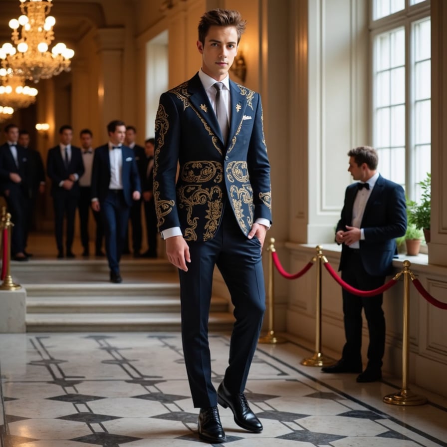 A high-fashion male Met Gala look combining classic tailoring with surrealist art elements — one half suit, one half sculptural armor