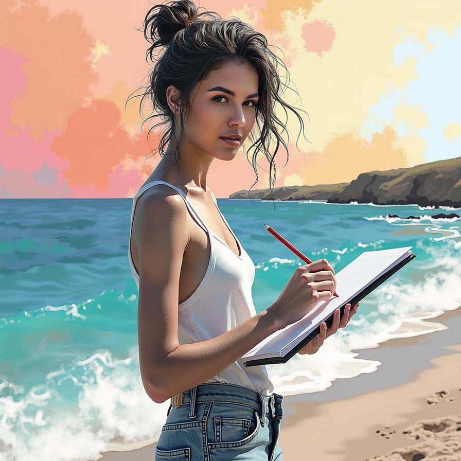 girl with tousled beach hair, wearing a relaxed fit tank top and paired with faded denim shorts, standing on the sandy shore with a serene ocean landscape in the background, holding a beach sketchbook and pencils in hand, capturing the beauty of the coast.