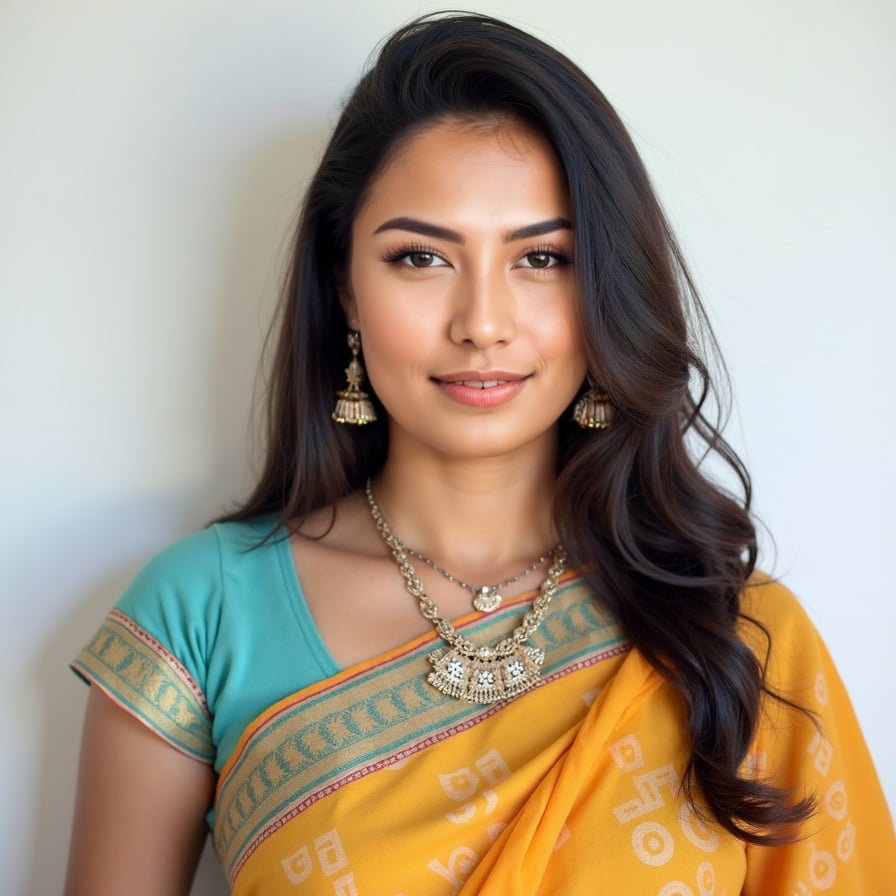 A passport-size photo of a person wearing traditional Indian attire, such as a saree or kurta, with neat and formal styling. The background is plain white, with even lighting. The individual is centered, maintaining a neutral expression, looking directly at the camera