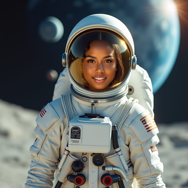 woman in a sleek white astronaut suit, with a futuristic backpack and oxygen tank, assembling a modular base camp on the moon's surface, wearing a shiny silver helmet with a gold visor, her hair neatly tucked inside, set against a breathtaking backdrop of the Earth rising over the lunar horizon.